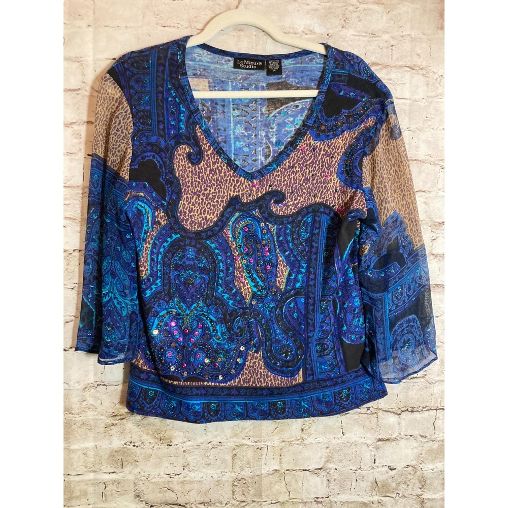 Le Mieux Studio Artsy Top‎ Womens Medium Cobalt Mixed Print Sequins & Beading